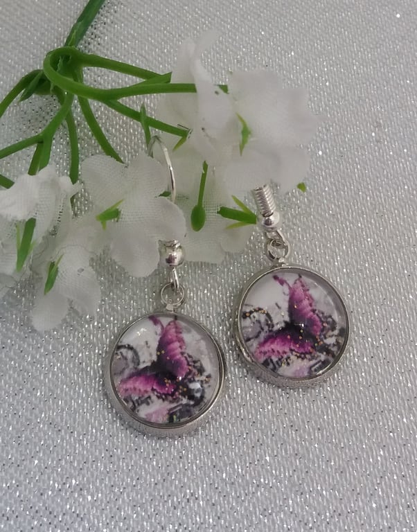 Purple butterfly dangle drop earrings