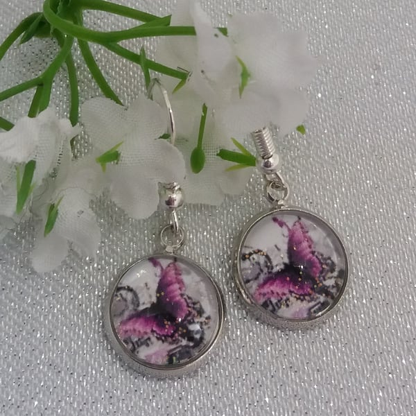 Purple butterfly dangle drop earrings