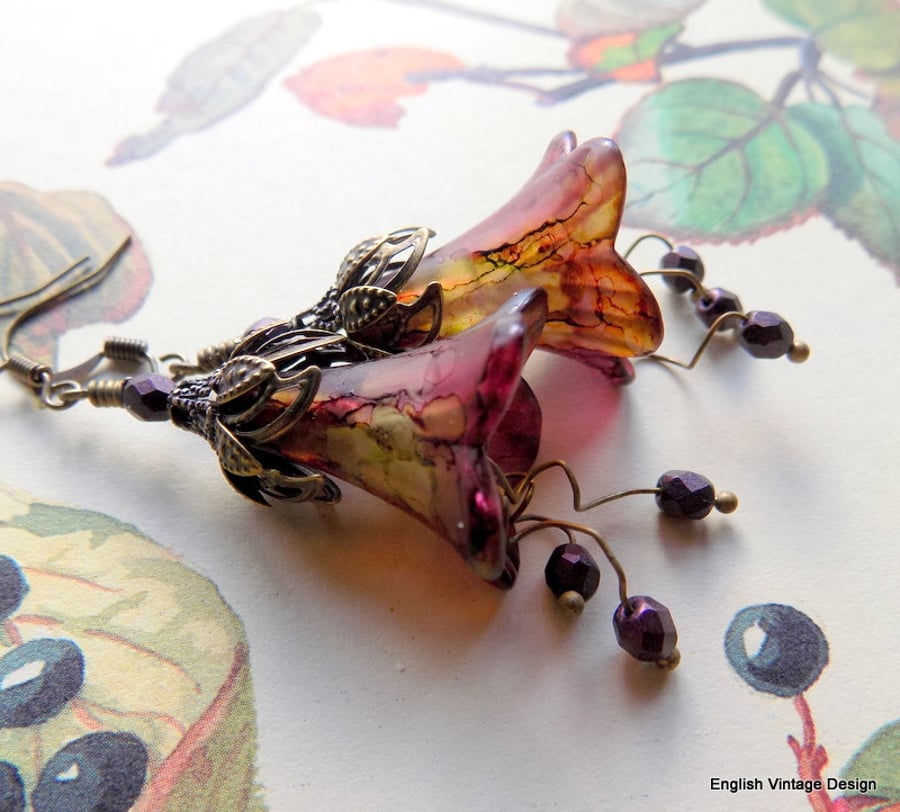 Burgundy Red Flower "DOGWOOD" Autumn Fall Hand Painted Lucite Flower Earrings