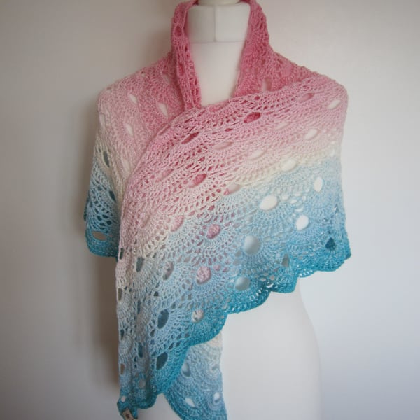 Hand Crochet Ladies Pink, White and Blue Lacy Summer Shawl, Festval Shawl