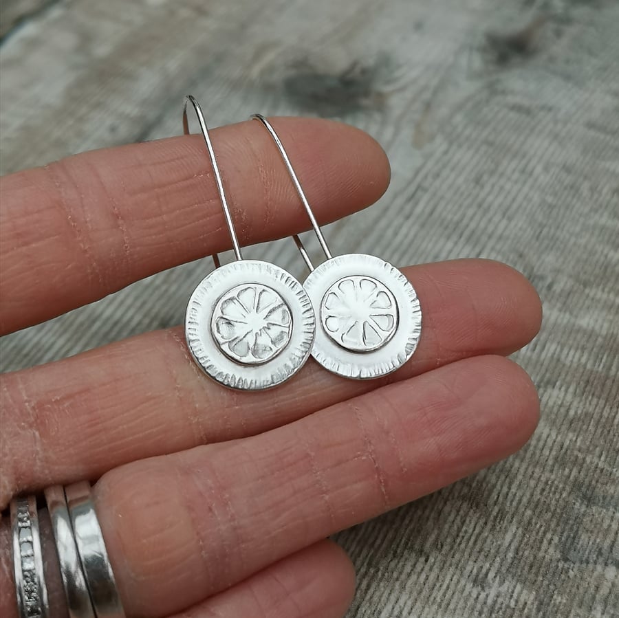 Sterling Silver Textured Patterned Long Round Circle Disc Earrings