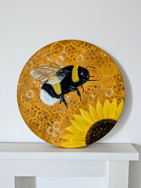 Bumble Bee and Sunflower Painting on 30cm Wood Panel