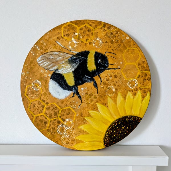 Bumble Bee and Sunflower Painting on 30cm Wood Panel