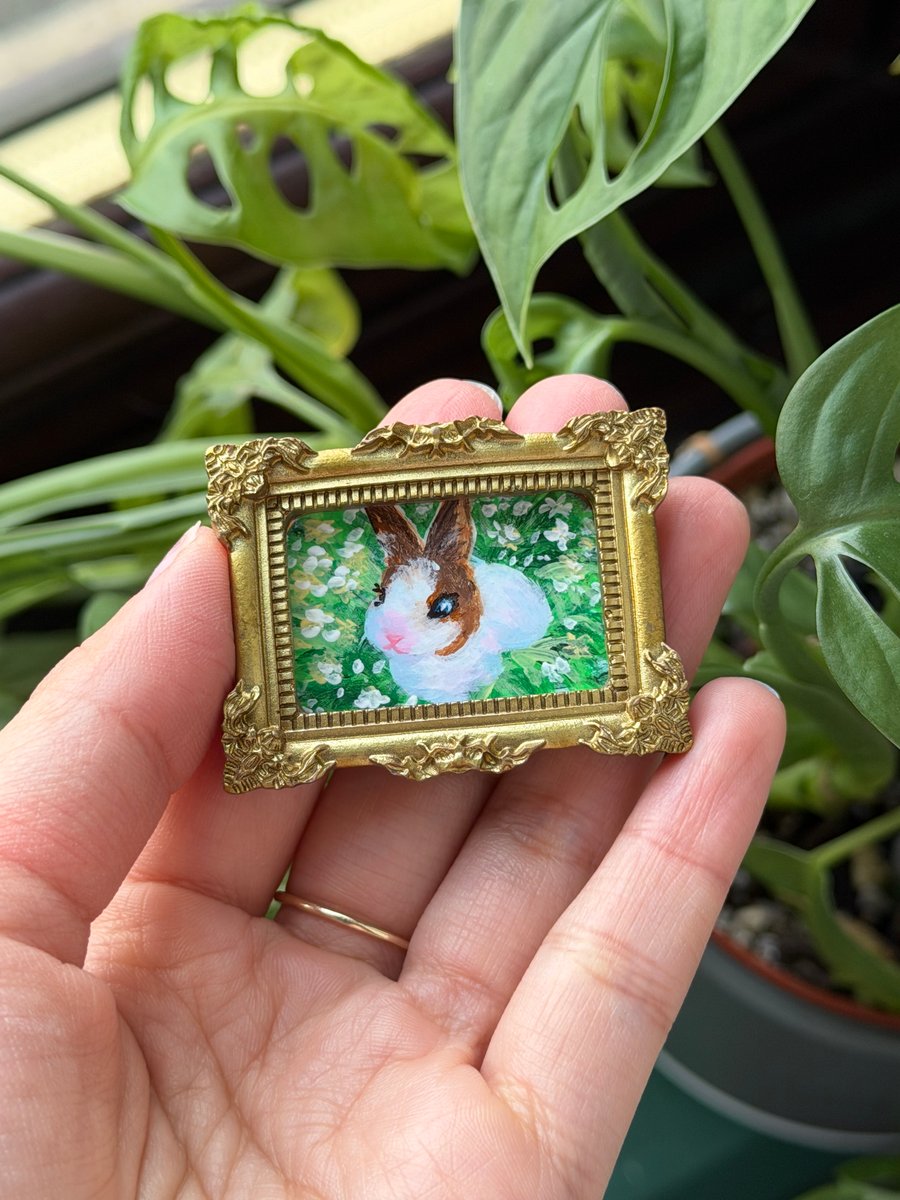 Rabbit acrylic painting in gold frame fridge magnet