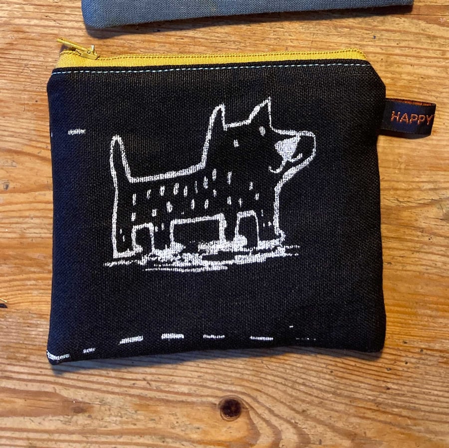 Black Linen purse or wallet with cute dog illustrations hand printed by Jo Brown