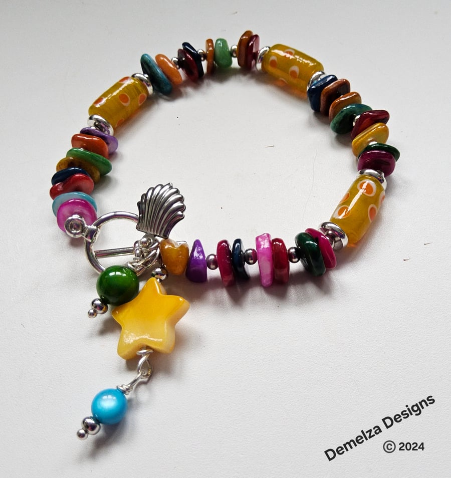 Multicoloured Chakra Mother of Pear and Hand Blown Bead Bracelet 