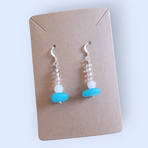 Upcylced Seaglass Pink and Blue Beaded Drop Earrings