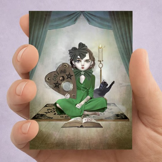 Séance ACEO Card - Goth Girl And Black Cat On Ouija Board