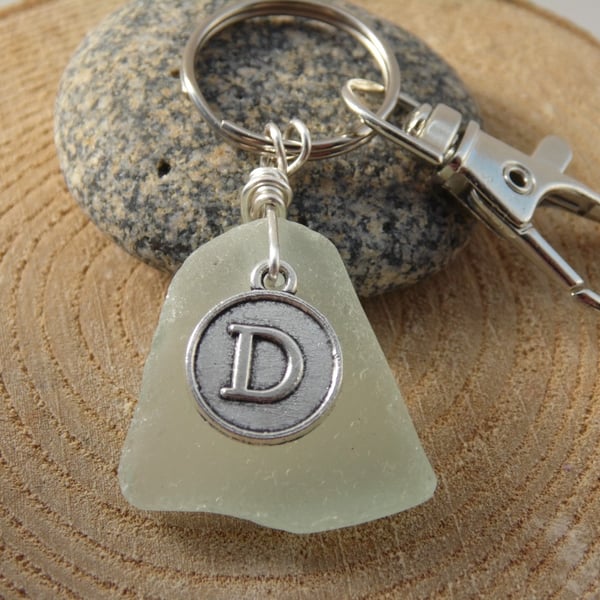 Initial 'D' Seafoam Cornish Sea Glass Bag Charm Keyring K480