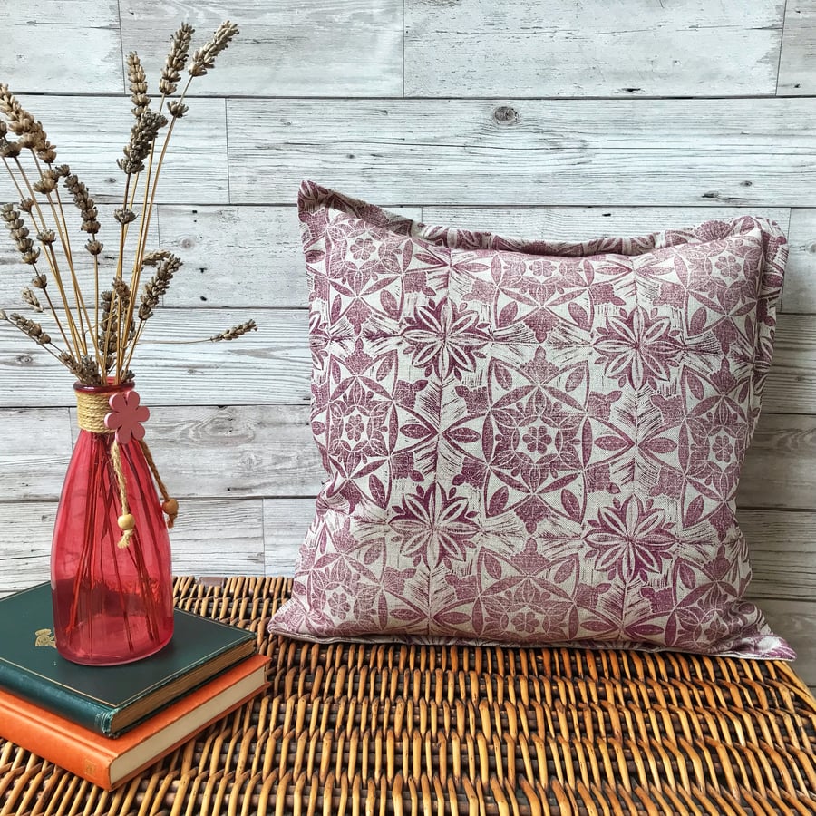 Hand Printed Linen Cushion - ASTA - Raspberry Red