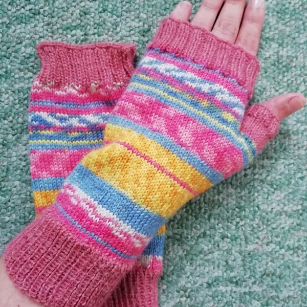 Fingerless Gloves - Hand Knitted - Multicoloured