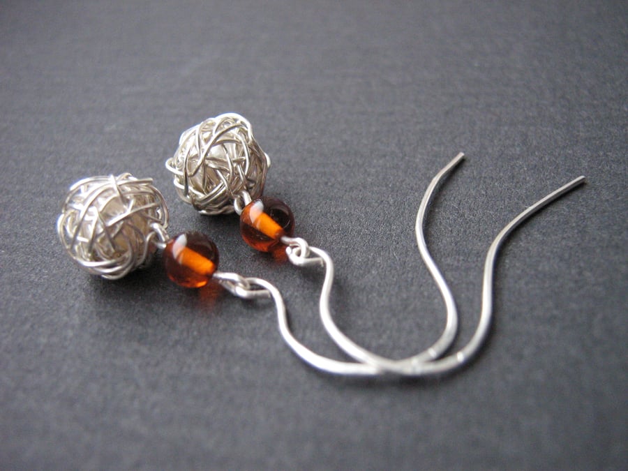 Wire wrap earrings - sterling silver and amber