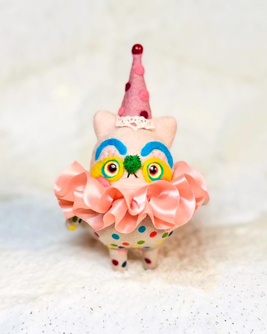 Miniature Needlefelted Kitty Clown Art Doll Cream