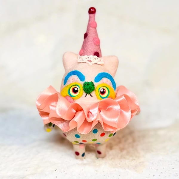 Miniature Needlefelted Kitty Clown Art Doll Cream