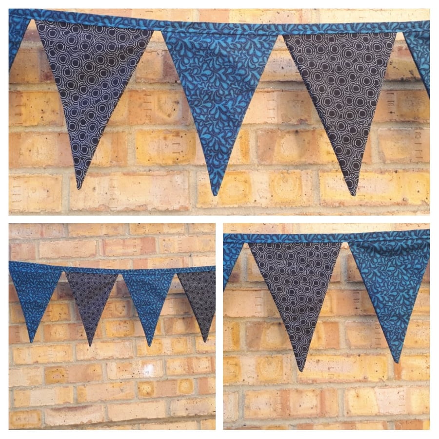 Bunting in teal and black circle fabric.  Free uk delivery.  