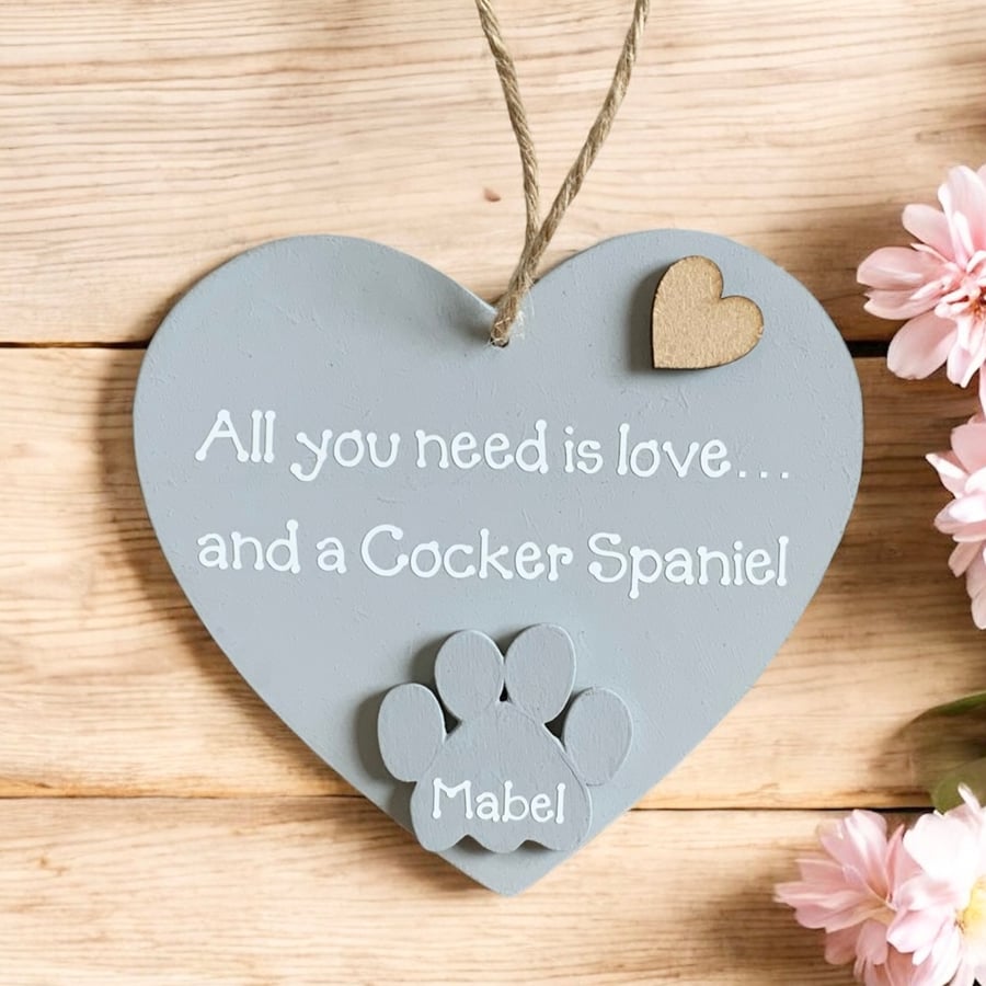 Cocker Spaniel Gift With Personalised Paw Grey Wooden Hanging Heart Sign