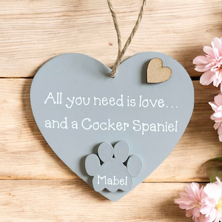 Cocker Spaniel Gift With Personalised Paw Grey Wooden Hanging Heart Sign