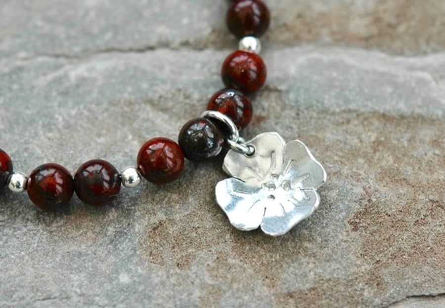 Sterling Silver Gemstone Bracelet with Poppy Jasper and Poppy Flower Charm
