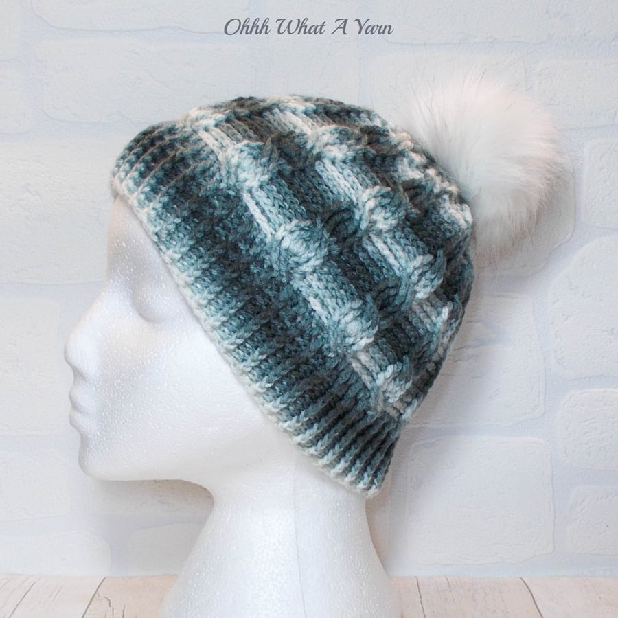Crochet hat, beanie. Ladies black, grey and white cable pom pom hat. Ladies hat.