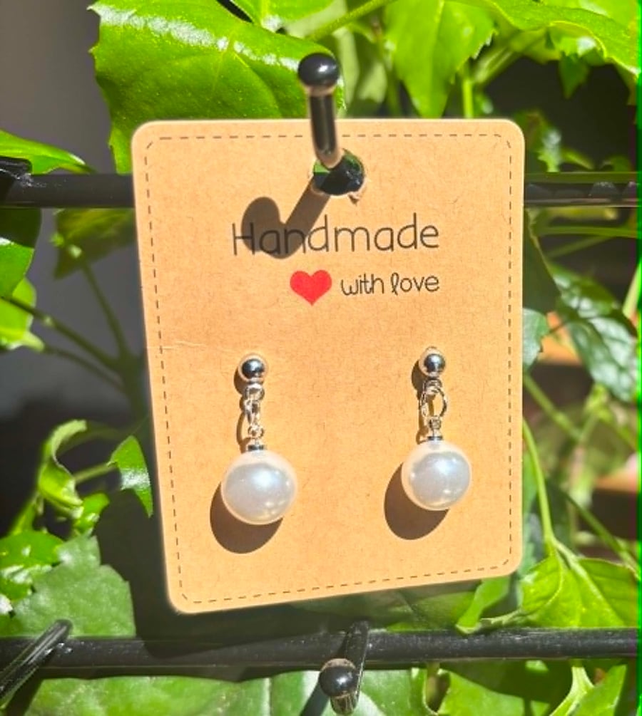 Handmade Silver-Tone Stud Earrings with Pearl-Look Bead Droplets