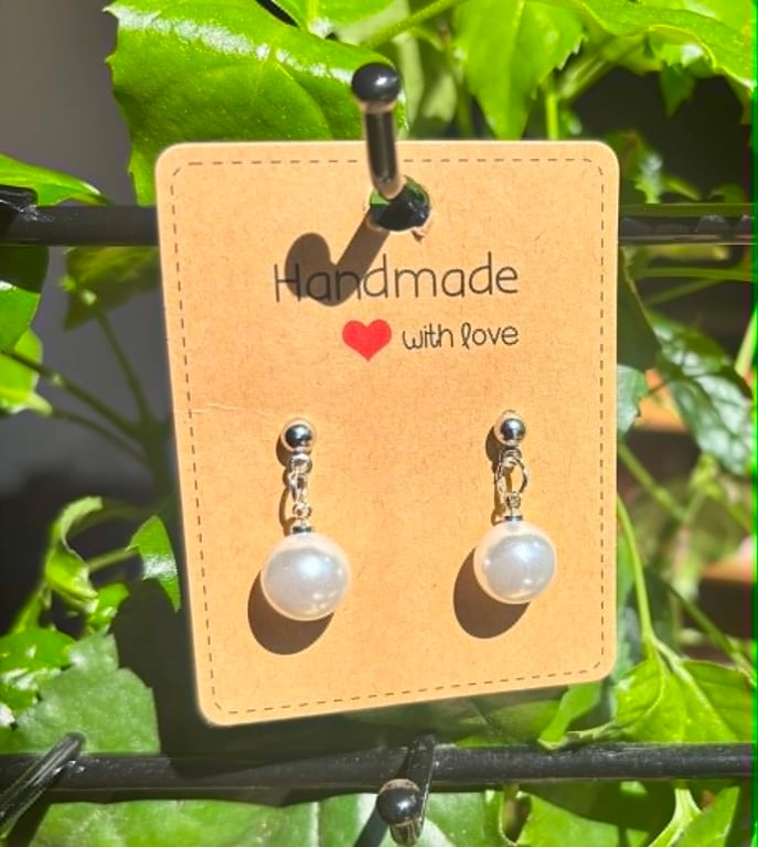 Handmade Silver-Tone Stud Earrings with Pearl-Look Bead Droplets