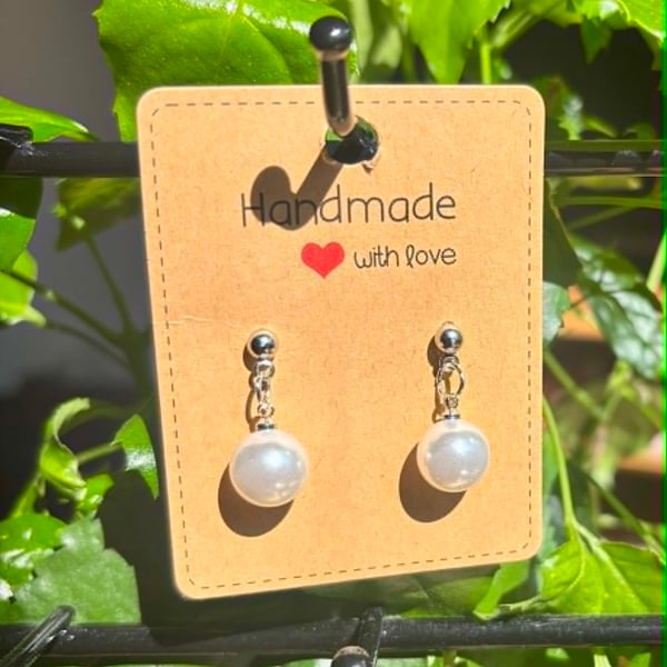 Handmade Silver-Tone Stud Earrings with Pearl-Look Bead Droplets