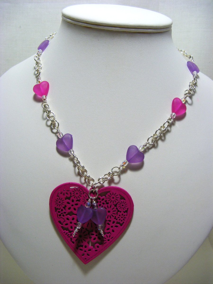 Cerise and Purple Heart Necklace