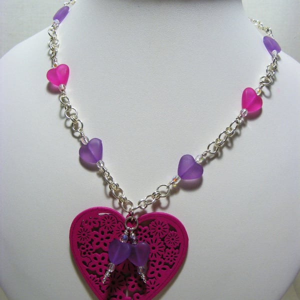 Cerise and Purple Heart Necklace