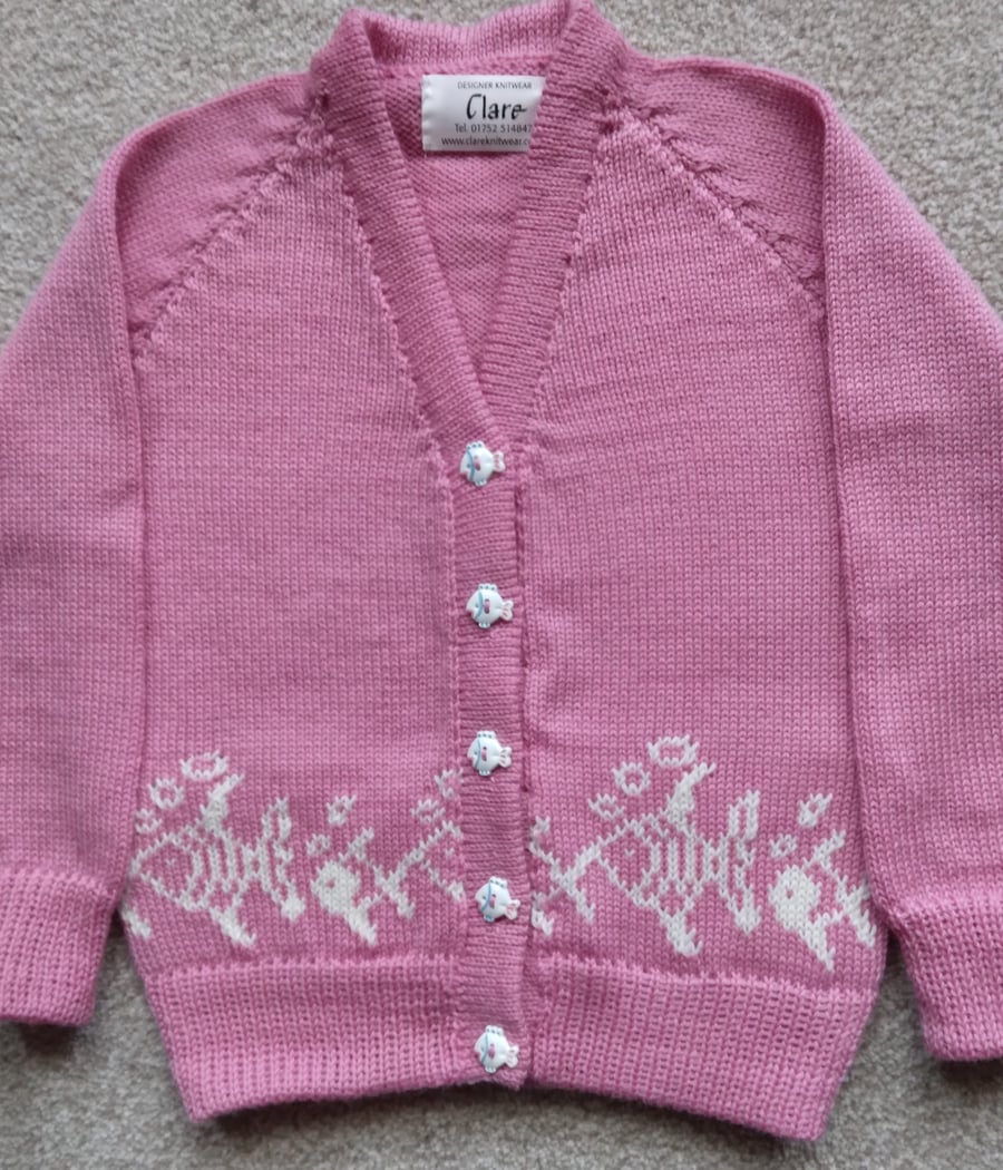 Fish cardigan with fish round the bottom and hand painted fish buttons