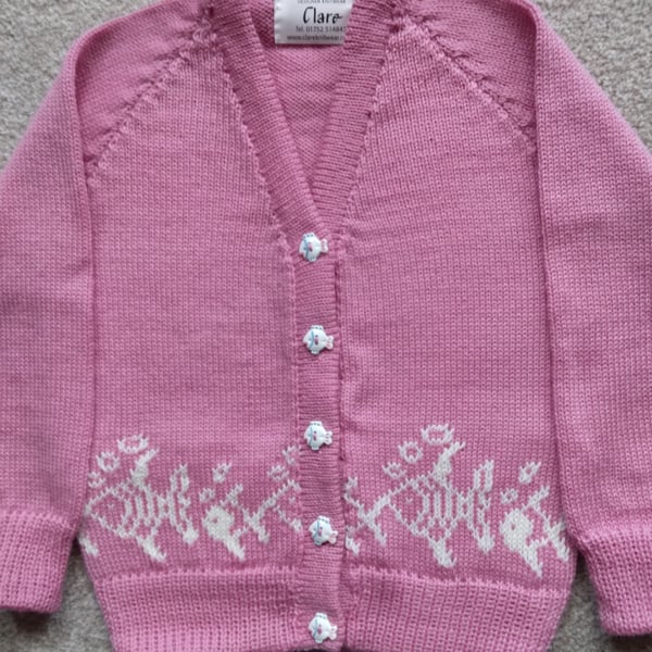 Fish cardigan with fish round the bottom and hand painted fish buttons