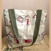 Oilcloth tote bag with recessed zip in Beach Hut design