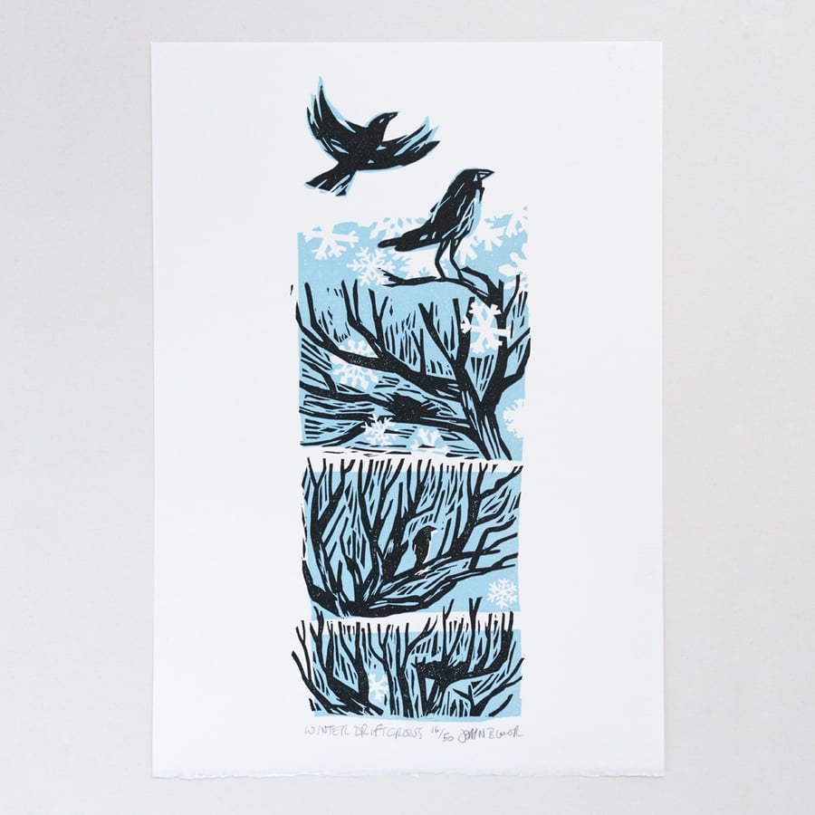 Winter Drifts "Crows" linocut print