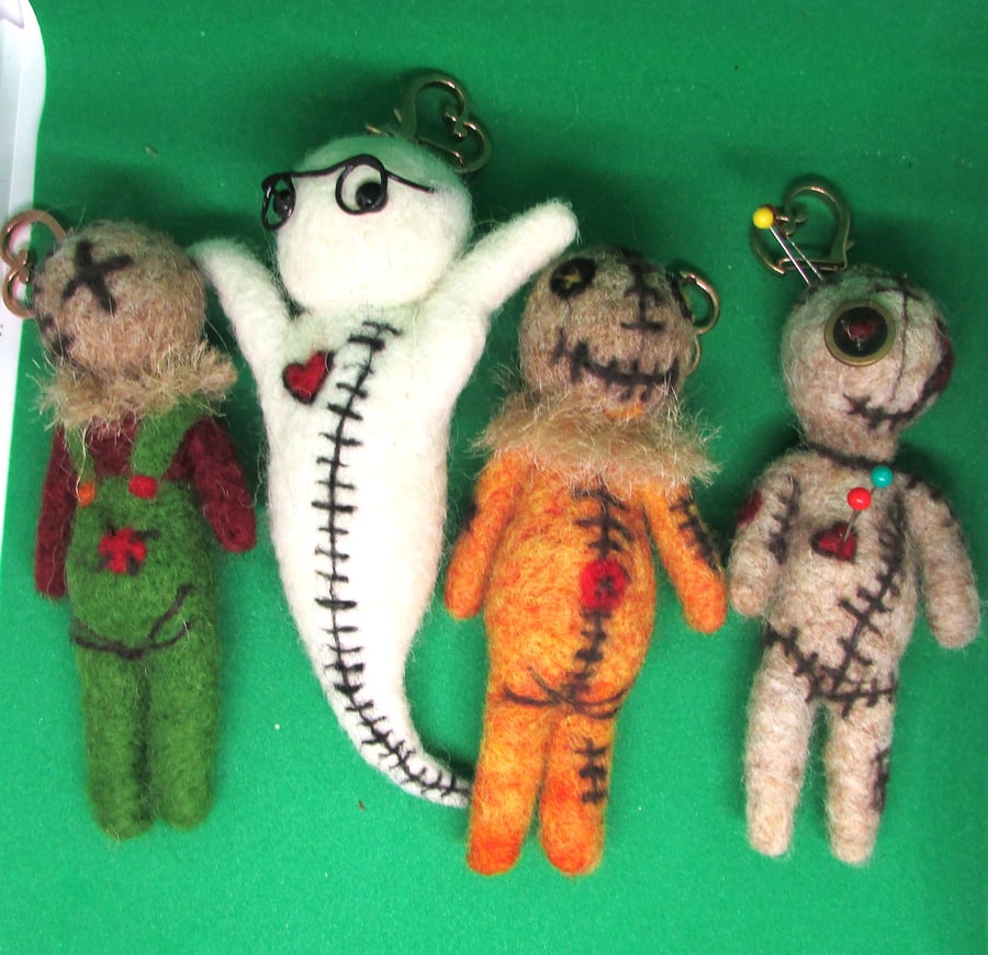 Needle Felted Gothic Ghost, Scarecrow & Voodoo Keychain Bag Charm