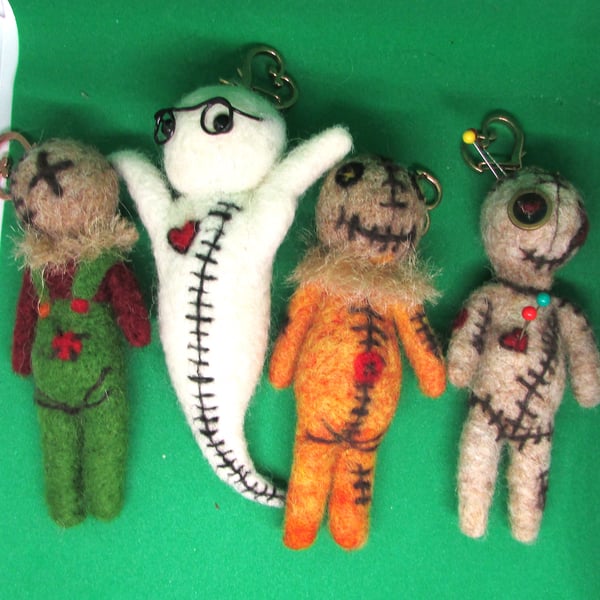 Needle Felted Gothic Ghost, Scarecrow & Voodoo Keychain Bag Charm