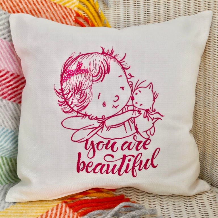 Cushion: Embroidered You Are Beautiful in Pink 33cm (13”), with pad