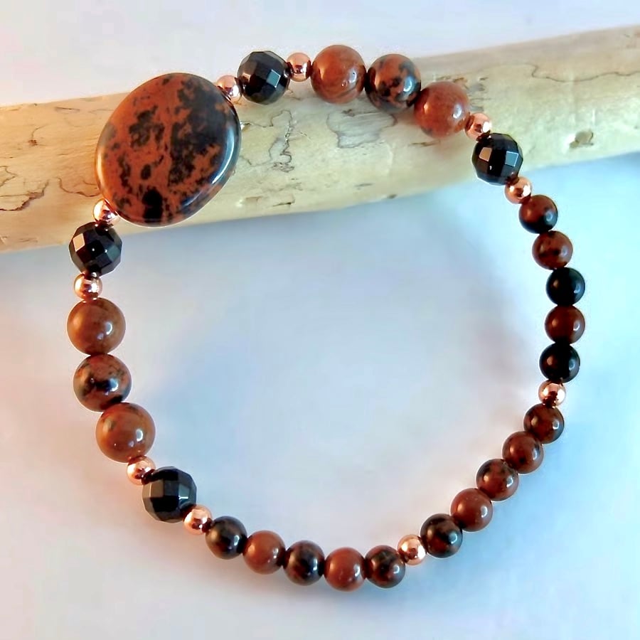 Mahogany Obsidian Bracelet With Faceted Onyx And Copper - Handmade In Devon 