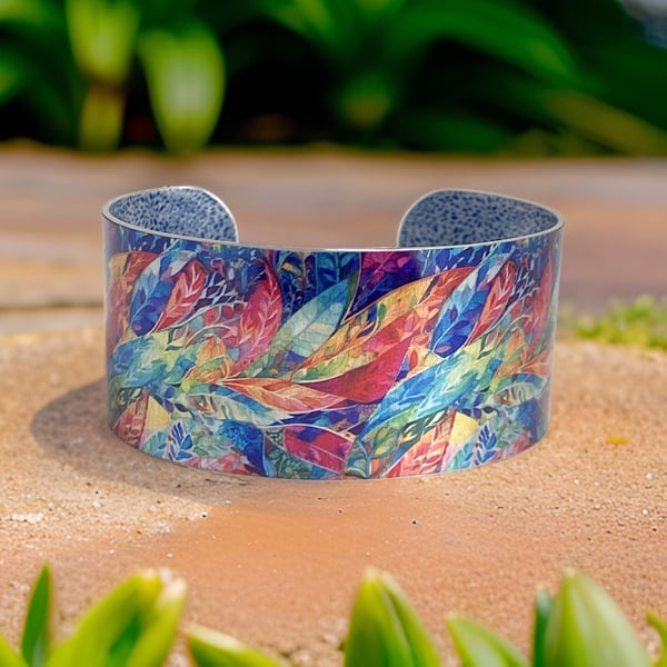 Leaf cuff bracelet colourful wide metal nature bangle. Can be personalised (832)