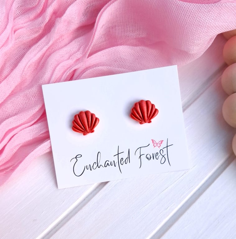 Coral Red Seashell Stud Earrings, Coastal Jewellery, Accessories & Gifts
