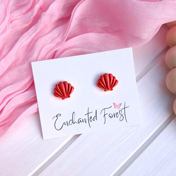 Coral Red Seashell Stud Earrings, Coastal Jewellery, Accessories & Gifts