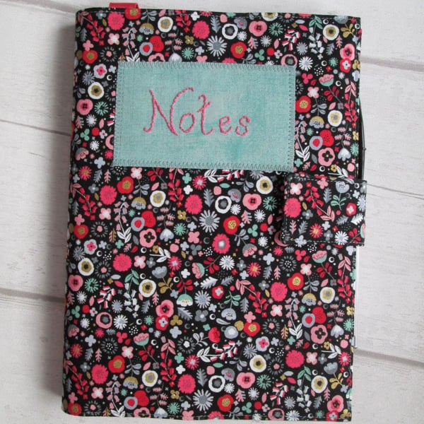 SOLD - A5 Reusable Notebook Cover - Pink, Grey, Turquoise Ditsy Floral on Black