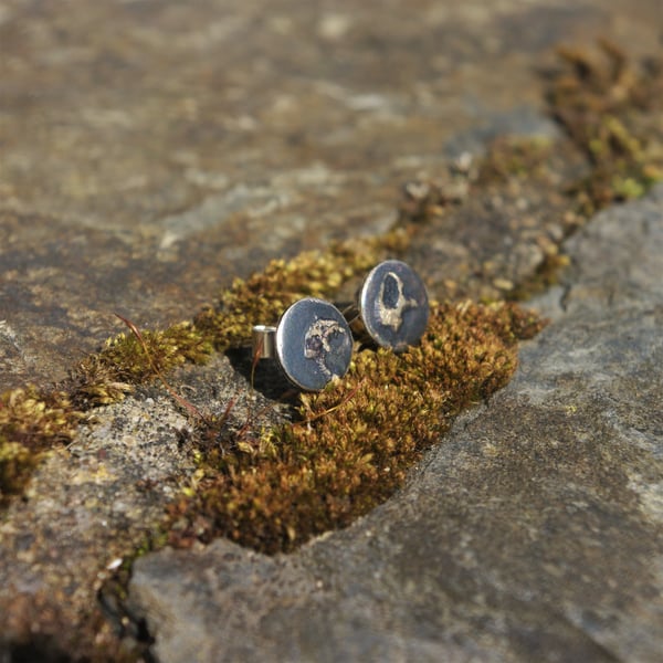 Black Oxidised Silver and Gold Stud Earrings