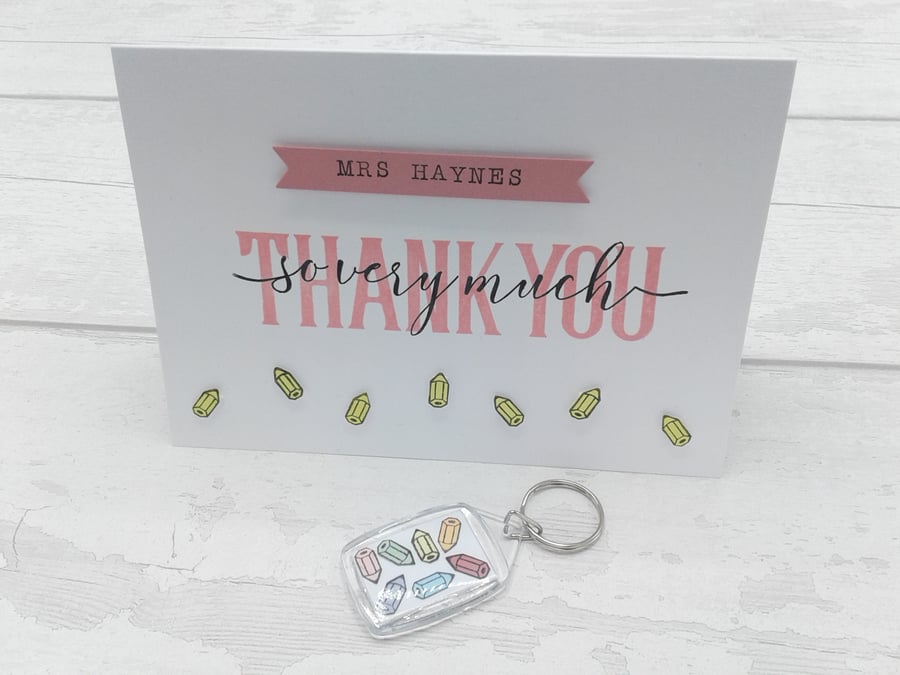 Teacher thank you card and gift. Personalised card and personalised key ring.