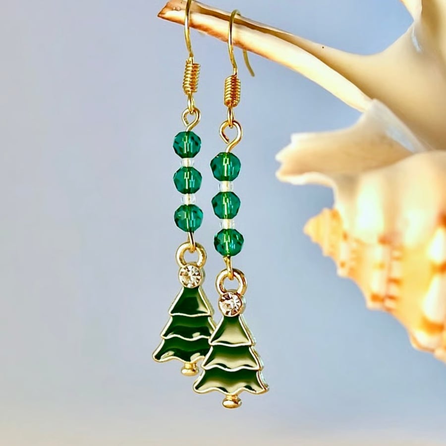 Christmas Tree Enamel Sparkly Drop Earrings, Stocking Filler, Secret Santa Gift