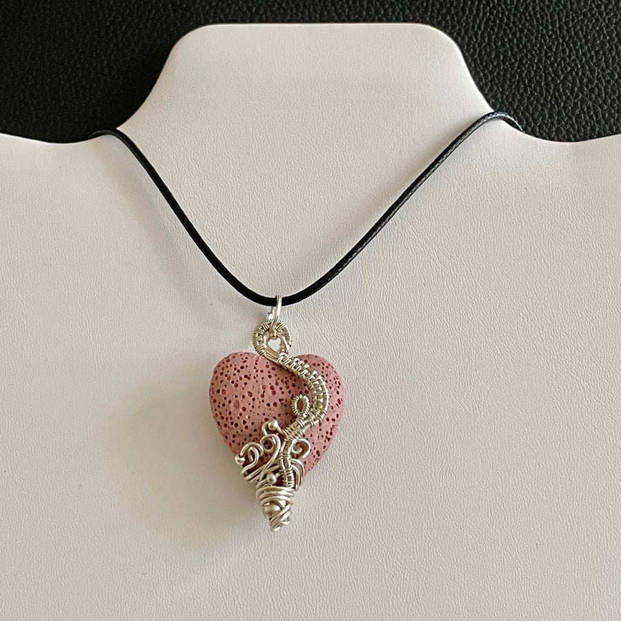 Pink Heart Lava Stone Wire Wrapped Pendant
