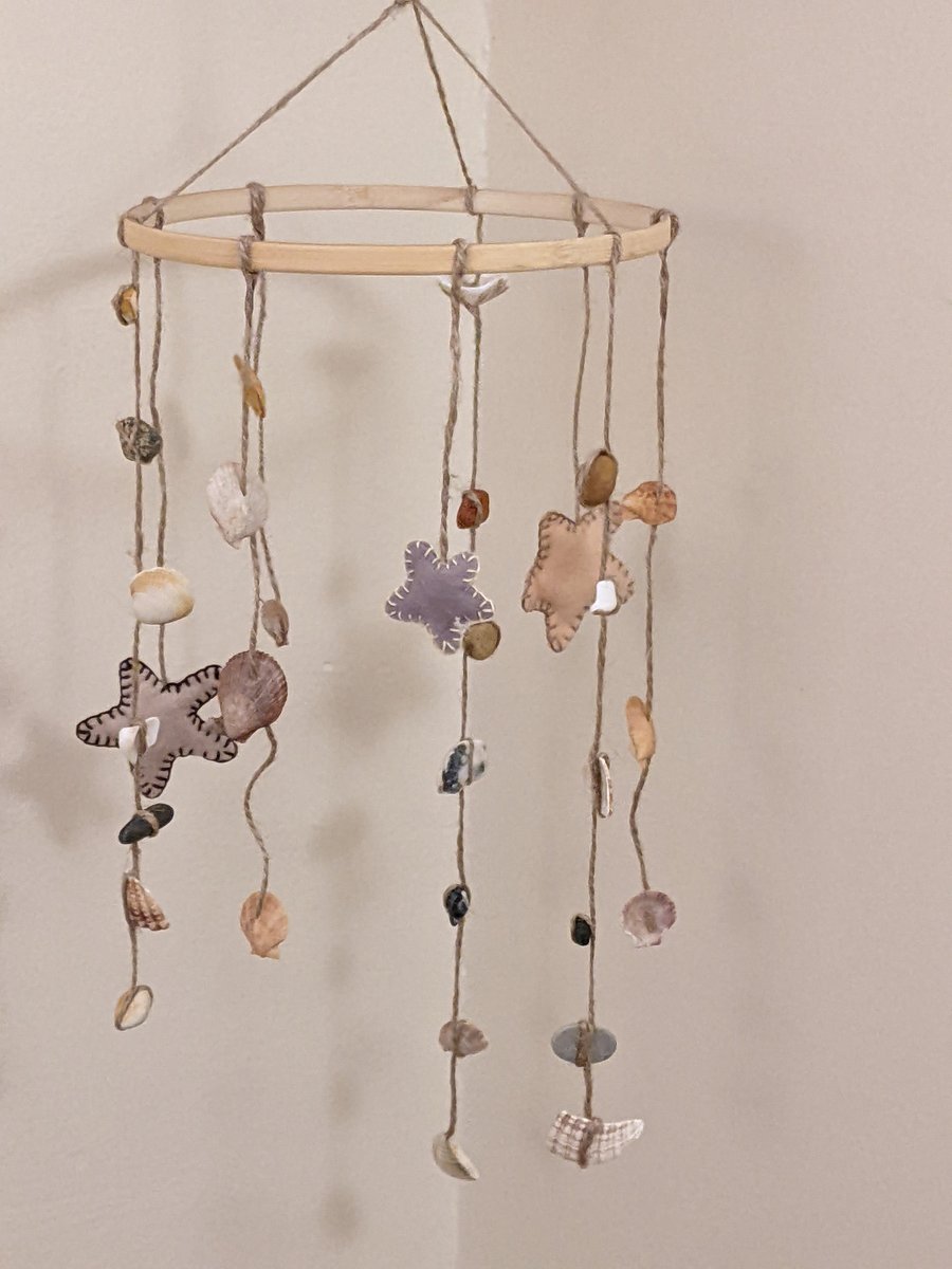 Seashell baby mobile with felt hearts or stars & sea rocks, Natural colours