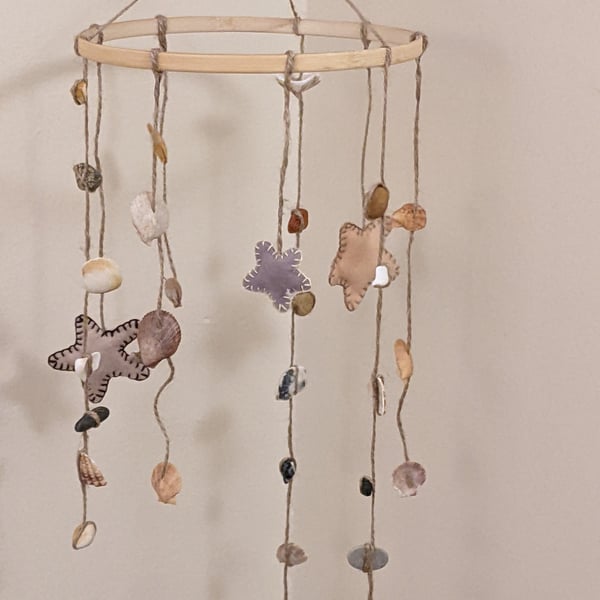 Seashell baby mobile with felt hearts or stars & sea rocks, Natural colours