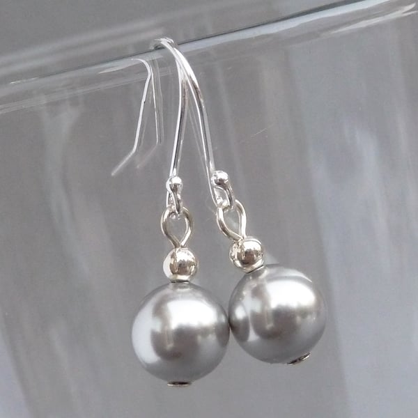 Simple Silver Grey Glass Pearl Drop Earrings - Round Light Grey Dangle Earrings 