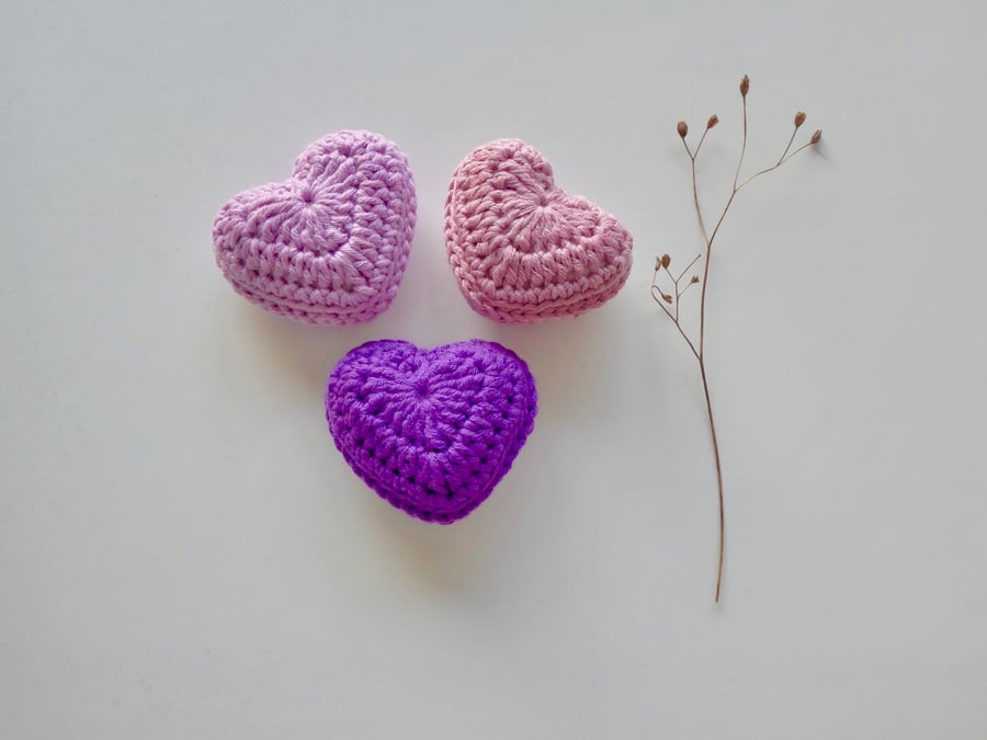 Crochet hearts, set of three purple cotton hearts, lavender hearts