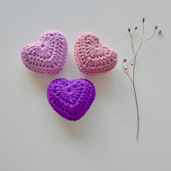 Crochet hearts, set of three purple cotton hearts, lavender hearts