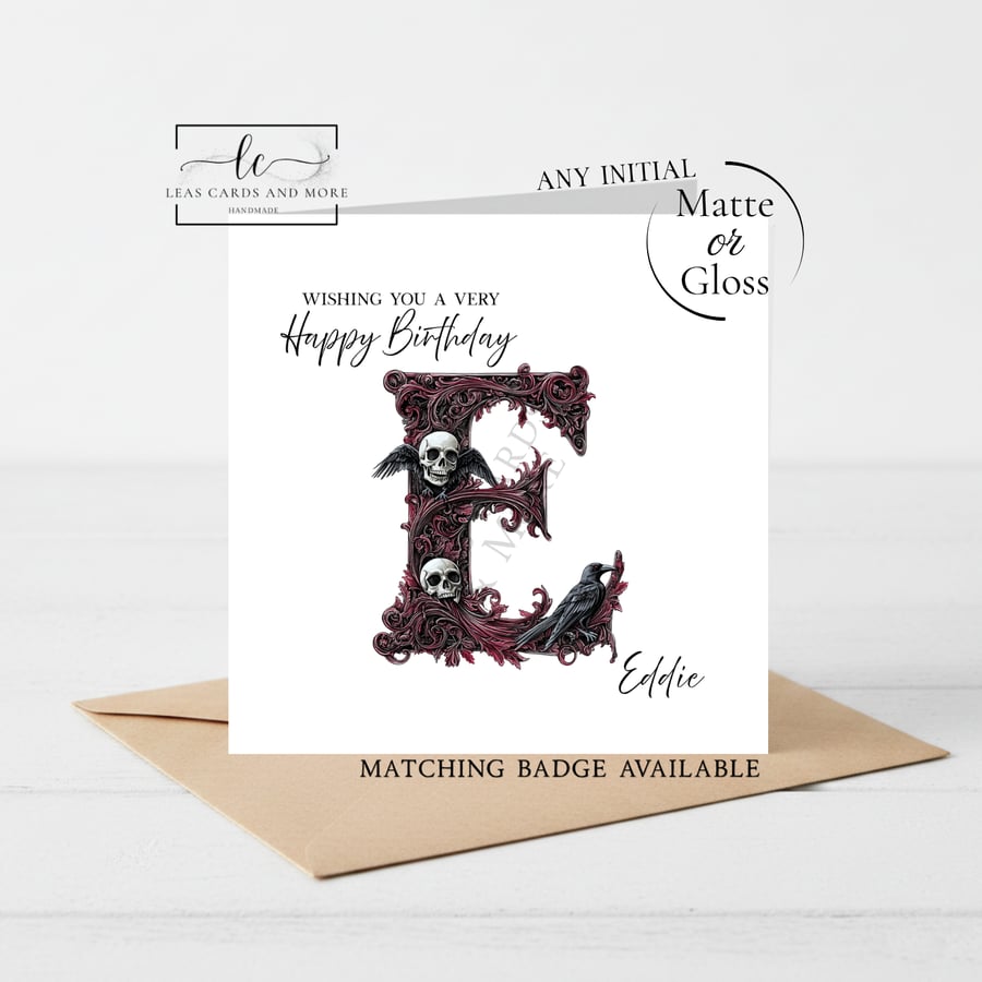 Any Initial - Skull Crow Initial Happy Birthday Card